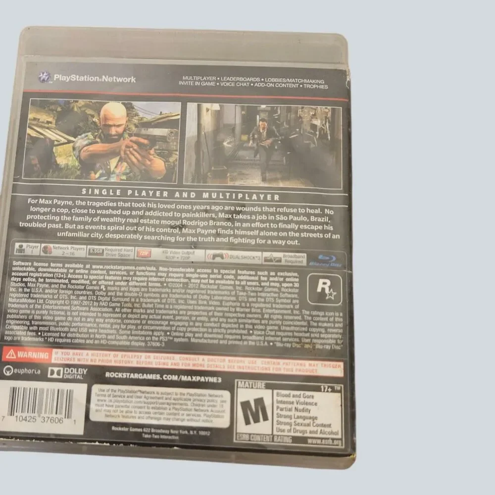 PS3 Max Payne 3 Video Game.  Good Condition.  ITEM #3627